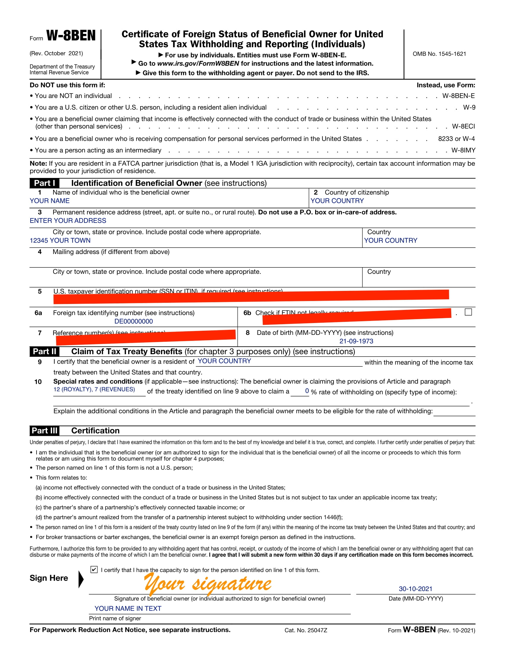 How to fill in form W-8BEN?