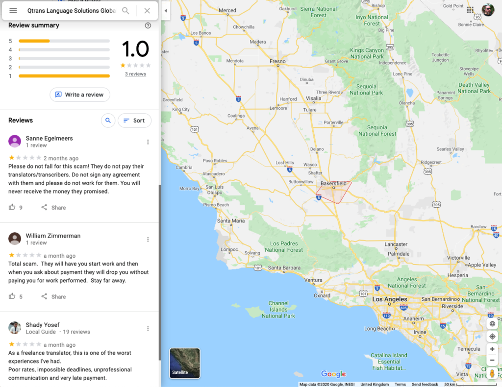 Qtrans Language Solutions (USA, Bakersfield) las calificaciones en Google Maps