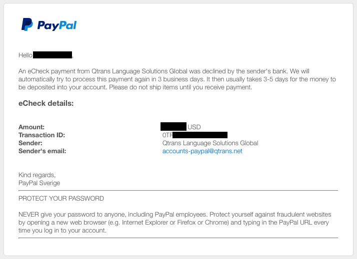 Qtrans verzögert und storniert Zahlungen mit eCheck to Paypal.